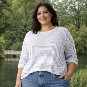 Eileen Fisher Woman SZ 2X Striped Organic Linen Jersey Long-Sleeve Tee Bayleaf